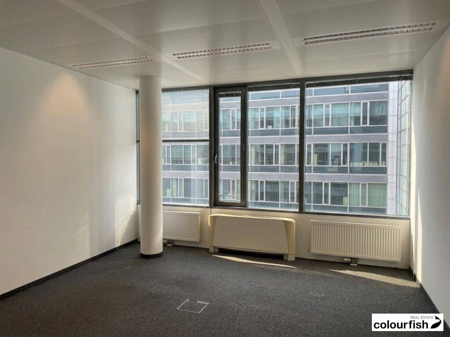 Modernes Büro mit viel Tageslicht durch große Fenster und einem Säulenakzent im Raum.