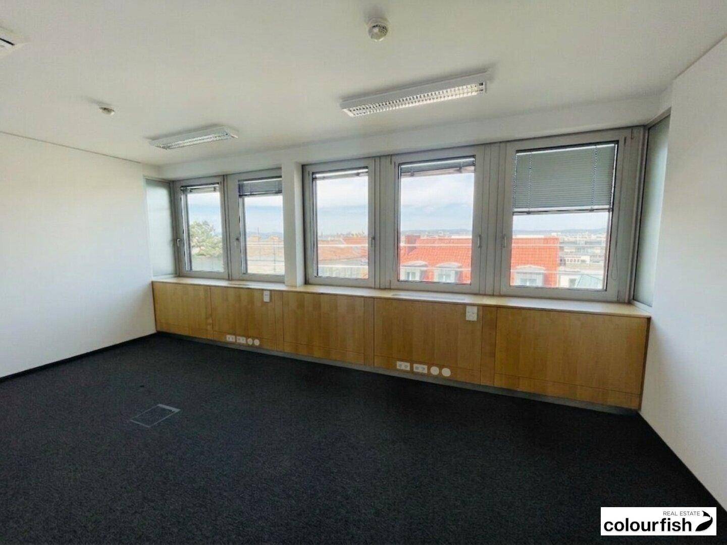 Leerer Büroraum mit dunklem Teppichboden, großen Fenstern und Holzverkleidung unter den Fenstern.