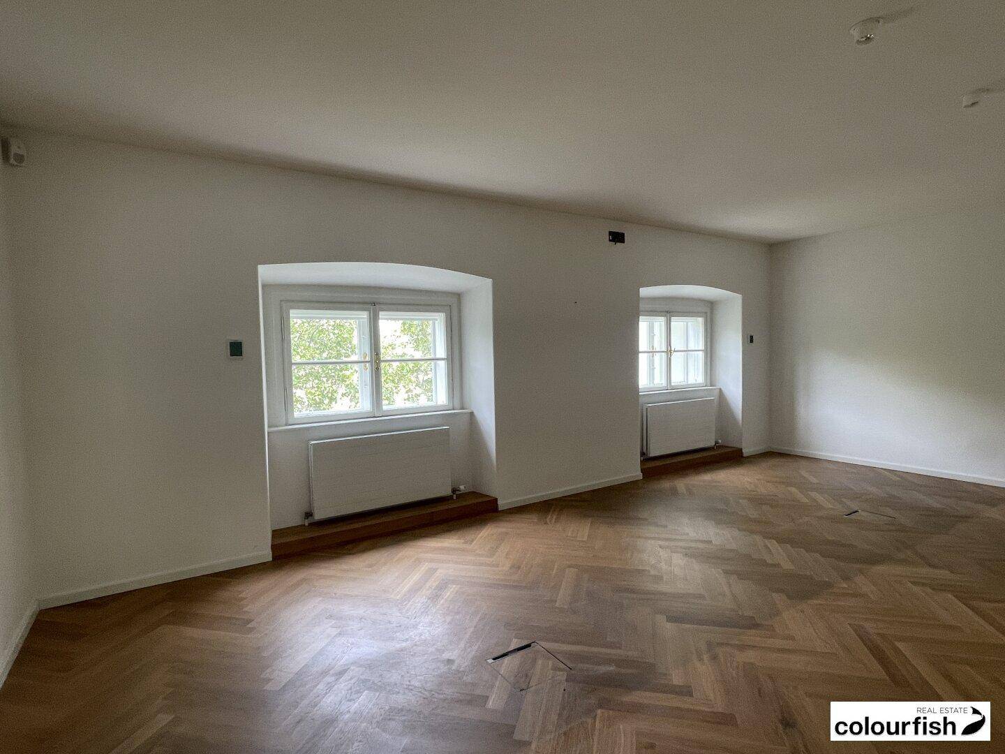 Heller Raum mit zwei rechteckigen Fenstern, die einen Blick ins Grüne und auf Bäume bieten.