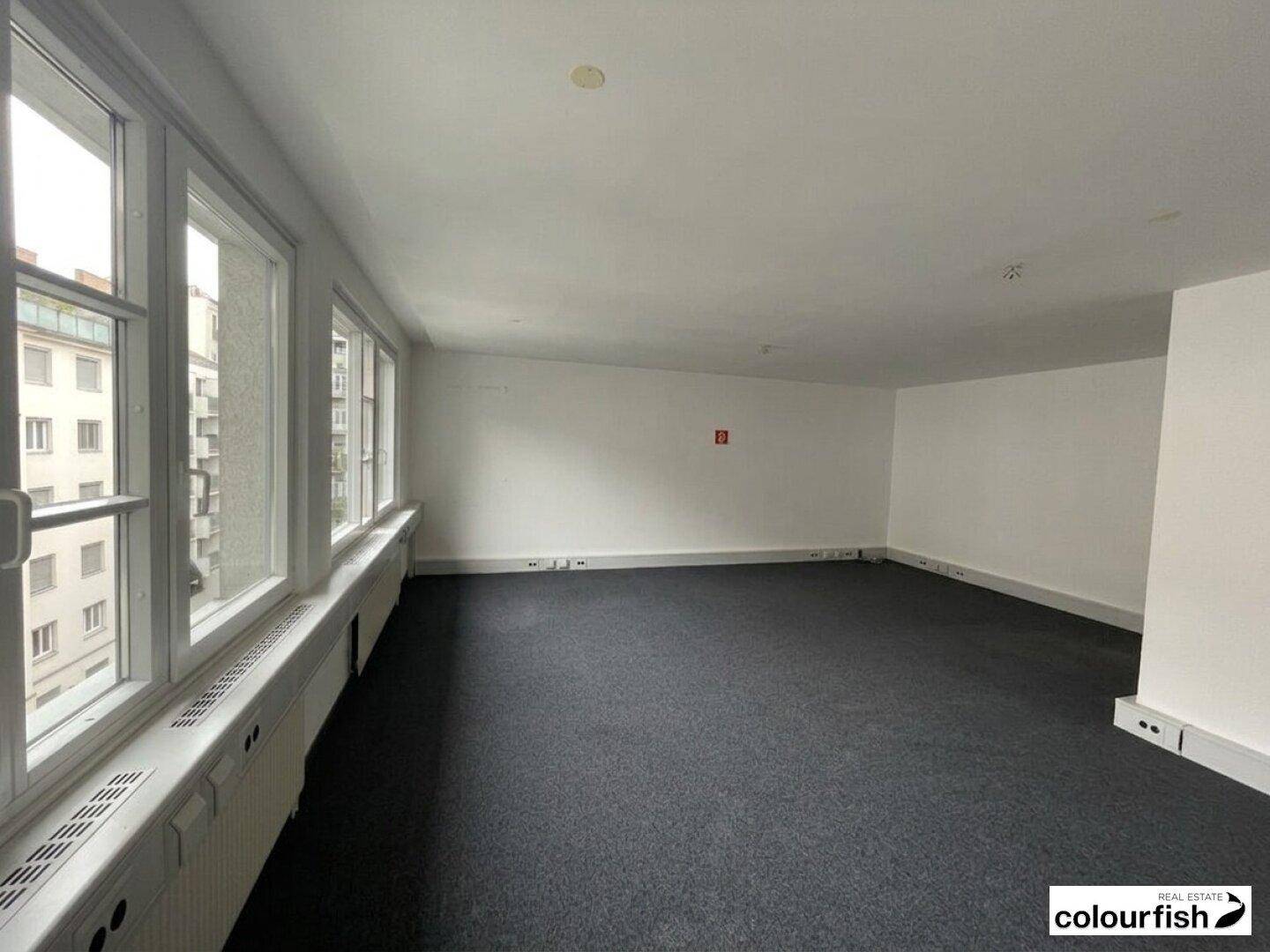 Geräumiger, leerer Büroraum mit dunklem Teppichboden und einer Fensterfront für viel Tageslicht.