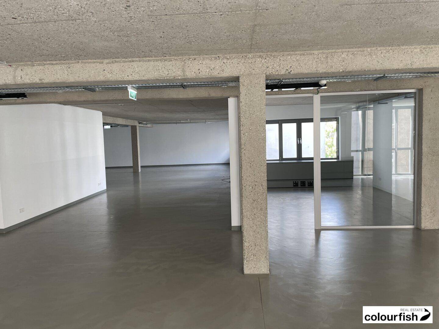 Offener Bürobereich mit Betonstützen, Glasabtrennungen und viel natürlichem Lichteinfall.