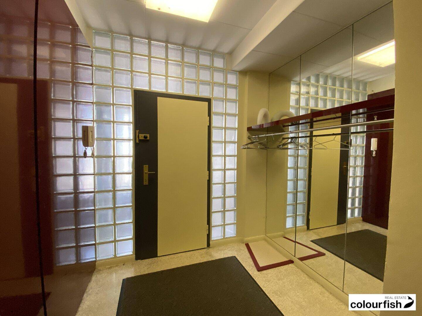 Eingangsbereich mit Glasbausteinwand, heller Tür und großer Spiegelfläche.
