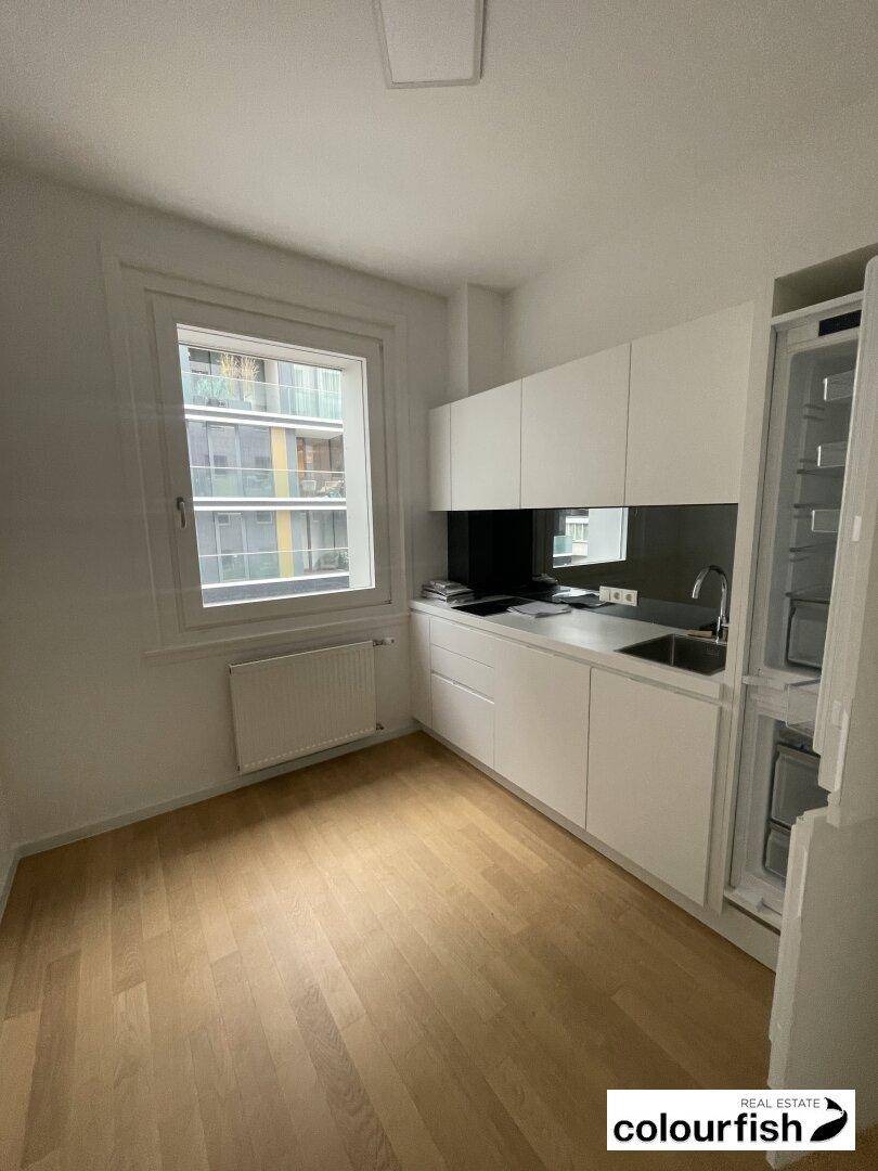 Kleine, moderne Teeküche mit weißen Schränken, Spüle und integriertem Kühlschrank neben einem Fenster.