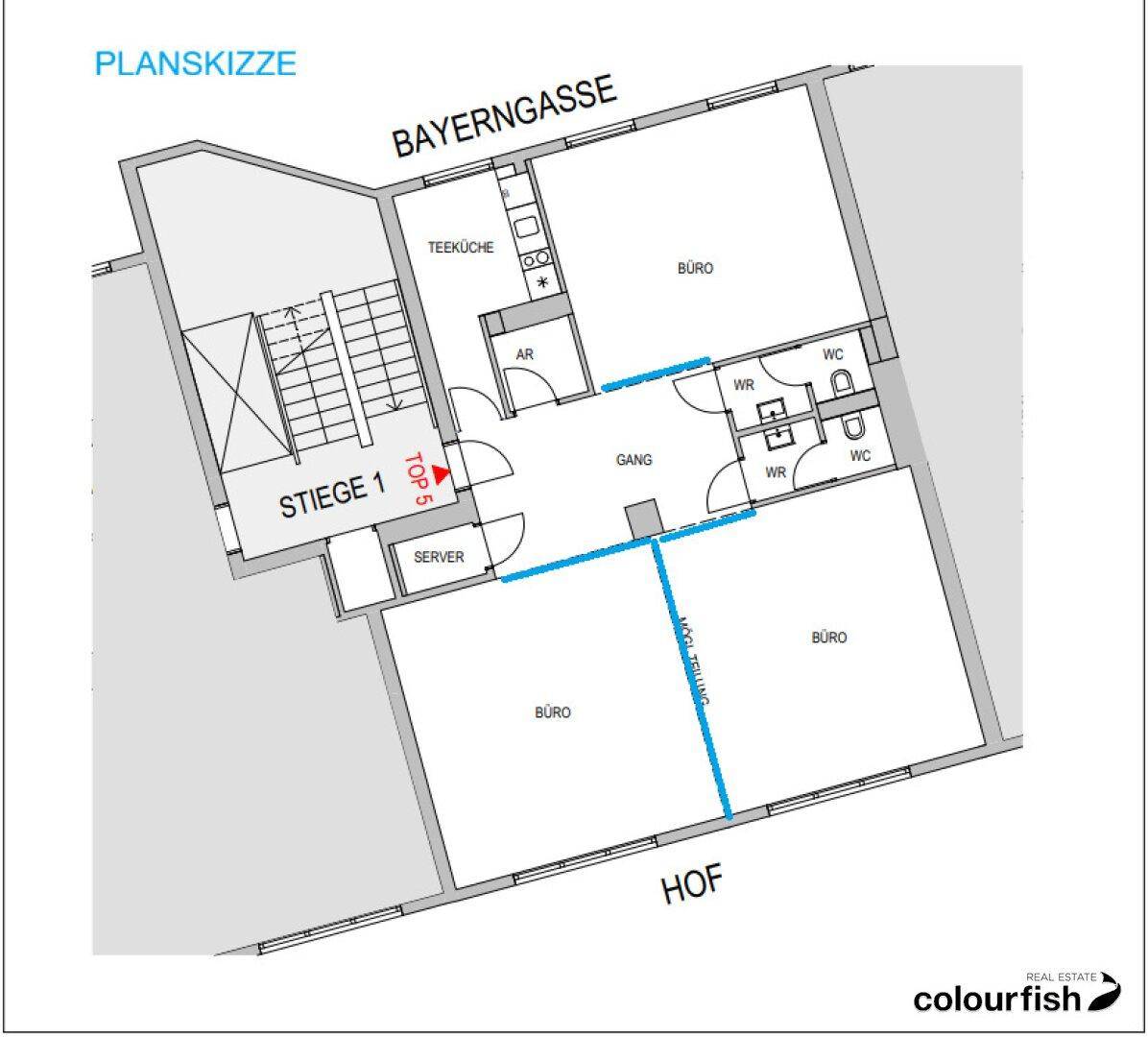 Grundriss einer Etage mit mehreren Büros, einer Teeküche und Sanitärbereichen.
