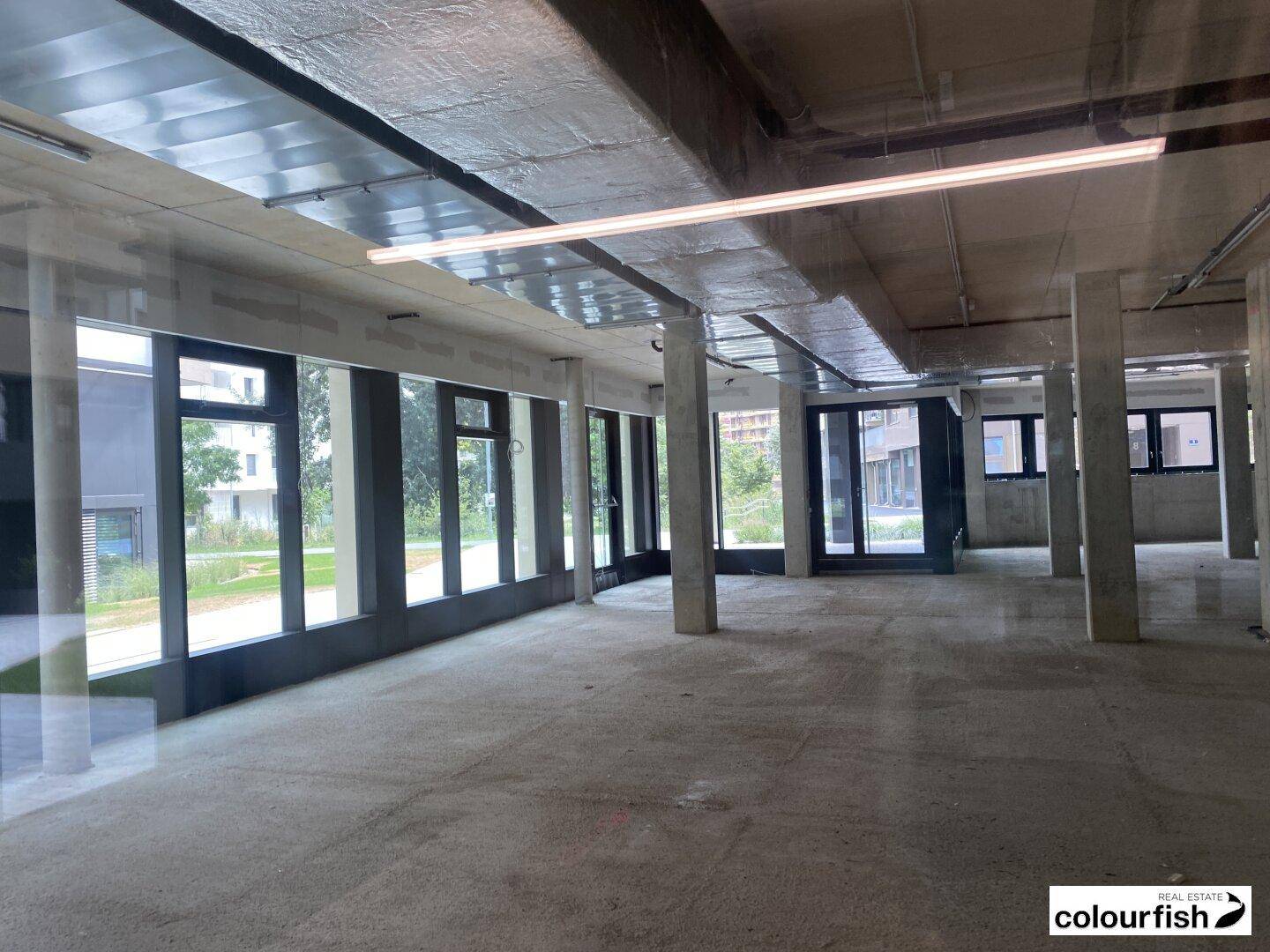 Weiterer Blick in den weitläufigen Gewerberaum mit Betonboden, vielen Fenstern und Deckenbeleuchtung.
