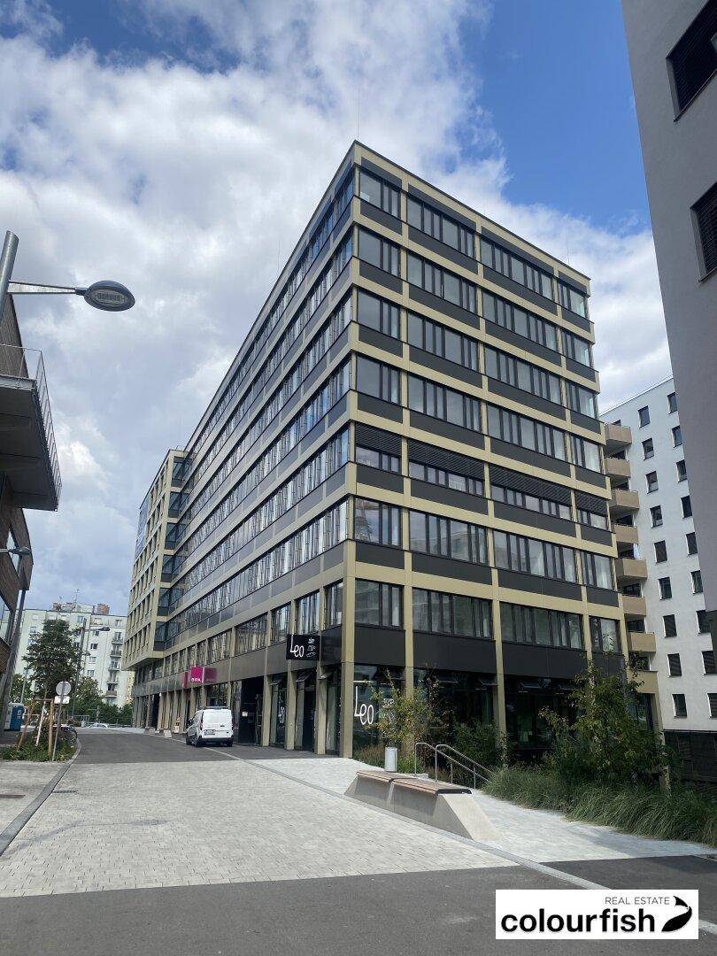 Modernes Geschäftsgebäude mit mehreren Etagen und großen Fenstern unter blauem Himmel.