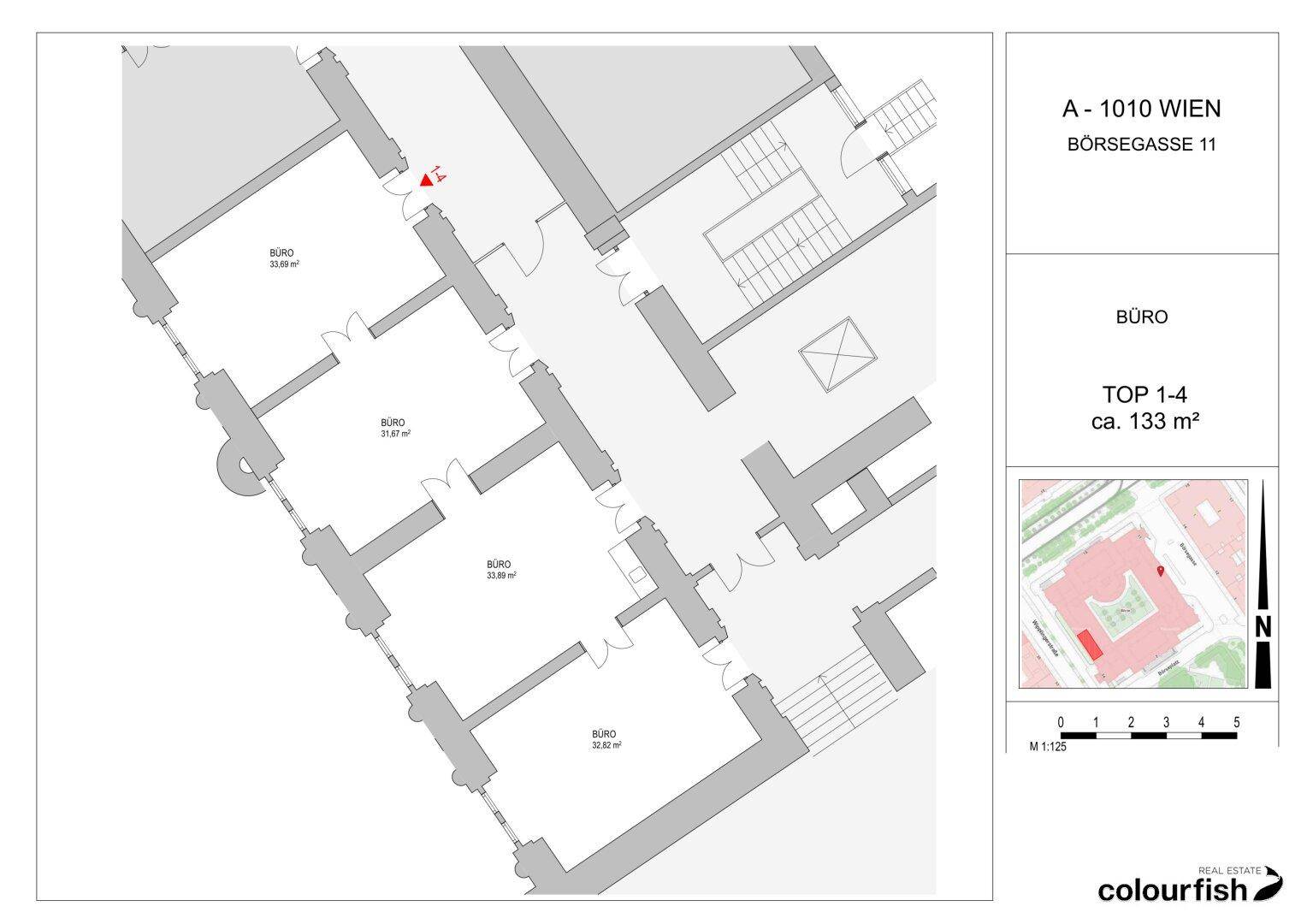 Grundrissplan eines Büros mit mehreren Räumen und Treppenhaus, Gesamtfläche ca. 133 m².