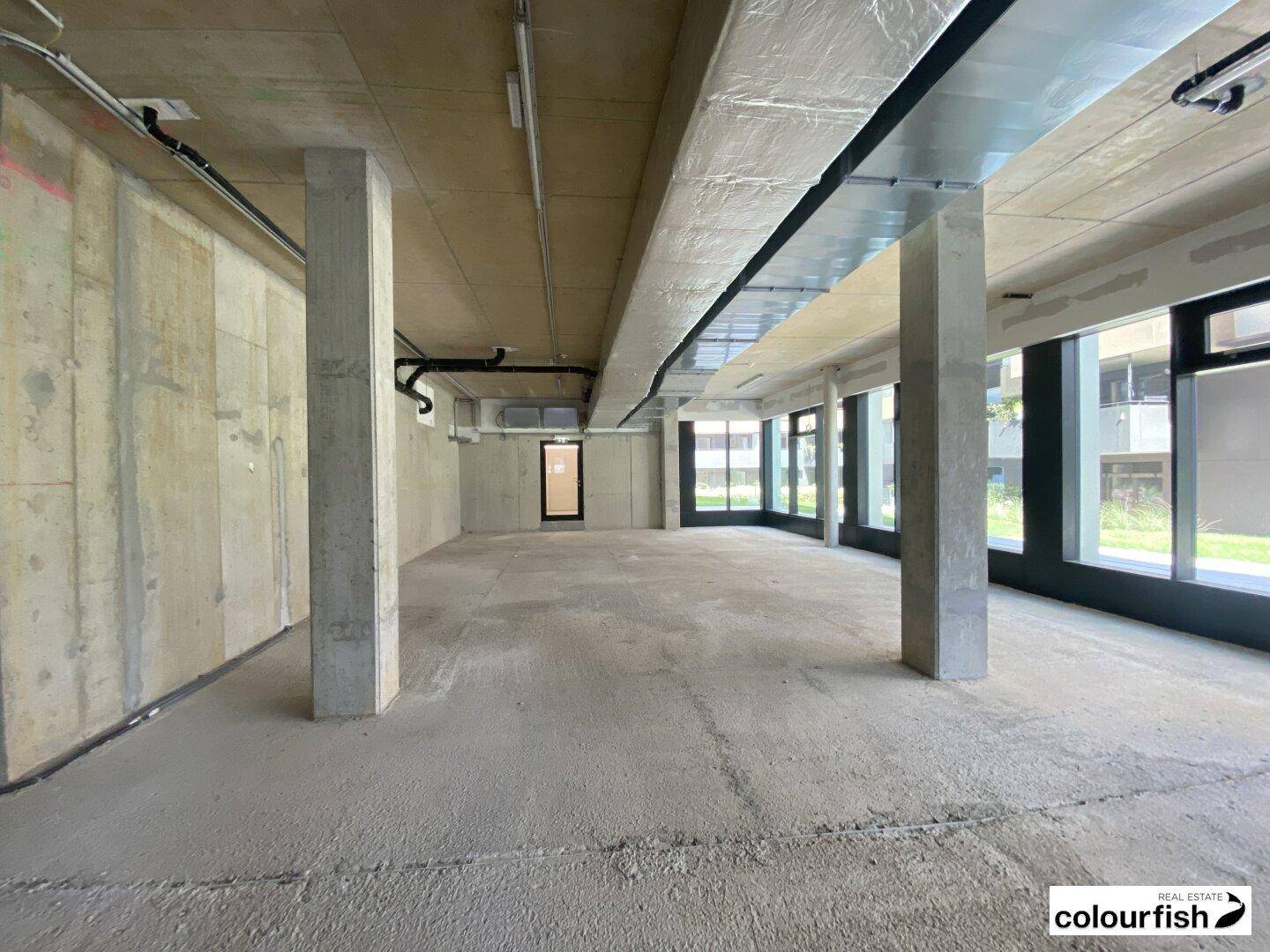 Weitläufiger Gewerberaum mit Betonstützen, unverputzten Wänden und Blick nach draußen, bereit für Ausbau.
