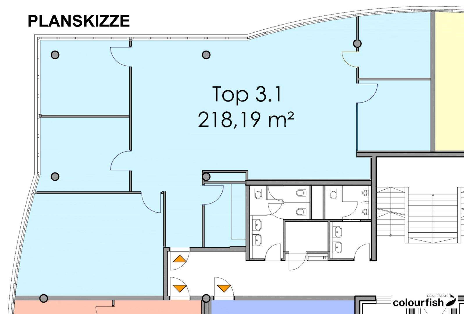 Grundriss einer Bürofläche von 218,19 m² mit mehreren Räumen und Sanitäranlagen.
