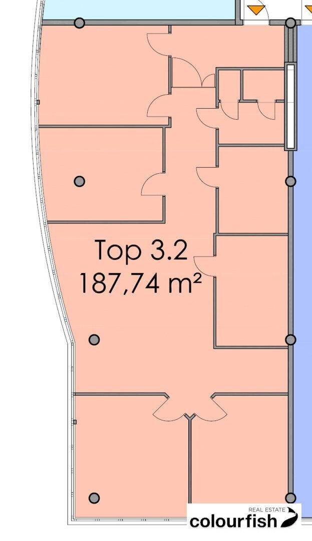 Grundriss einer Büroeinheit mit 187,74 m² und mehreren Räumen.