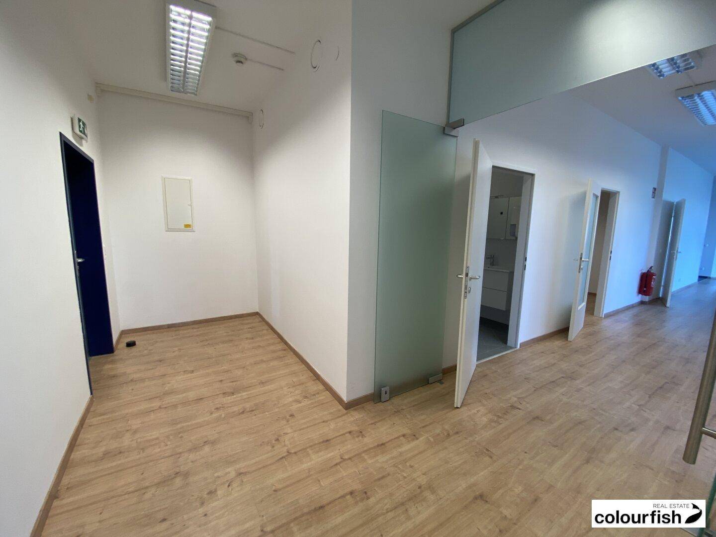 Heller Flur mit Laminatboden und mehreren Türen zu Büros und Sanitärräumen.