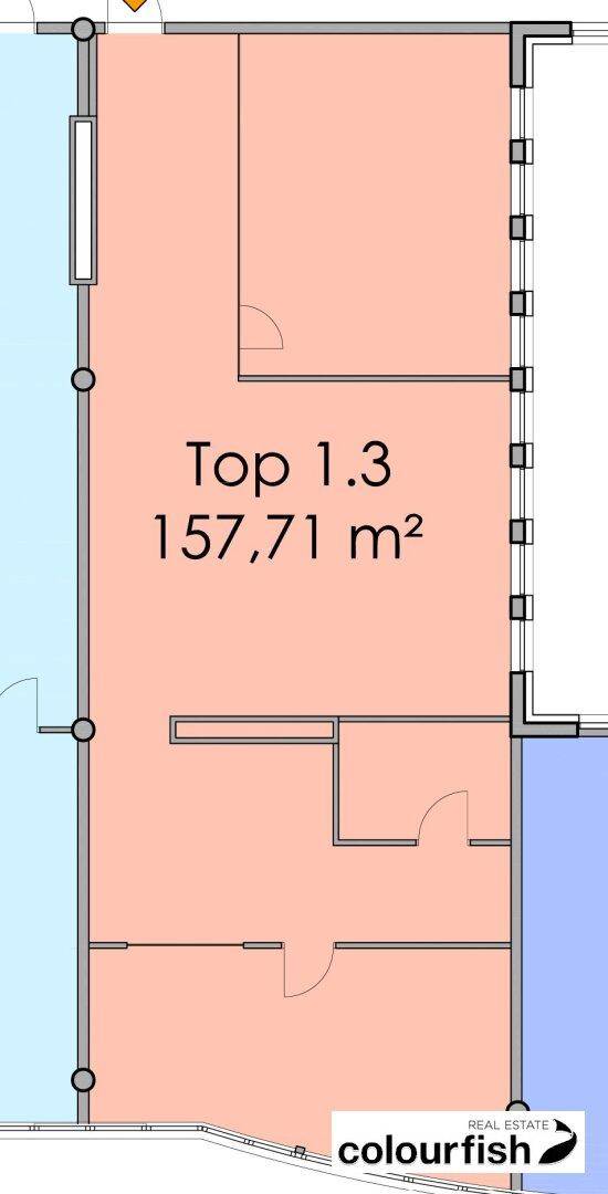 Grundriss einer Büroeinheit mit einer Fläche von 157,71 m² und mehreren potenziellen Arbeitsbereichen.