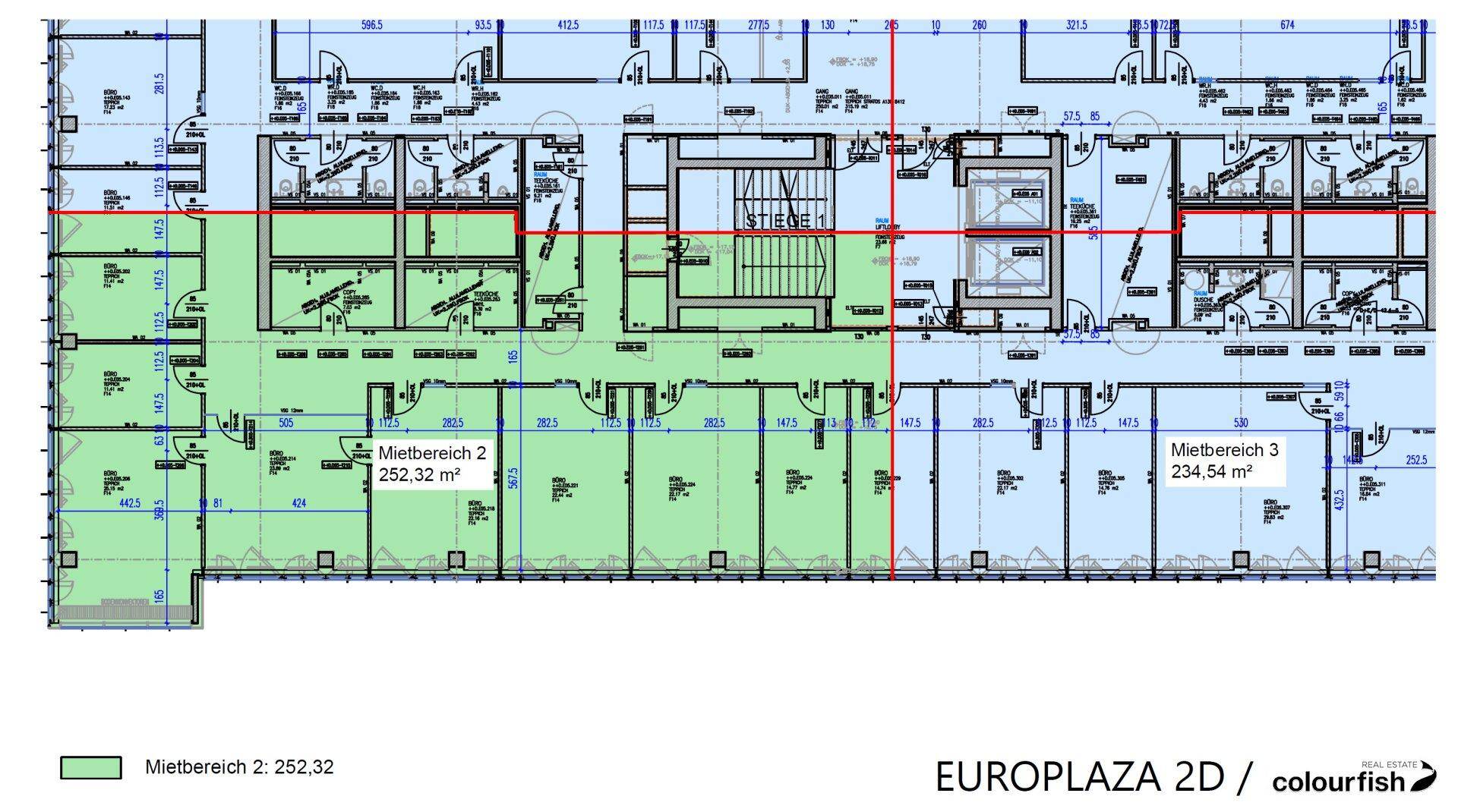Grundriss einer Büroetage mit mehreren Mietbereichen und zentralem Treppenhaus und Aufzug.