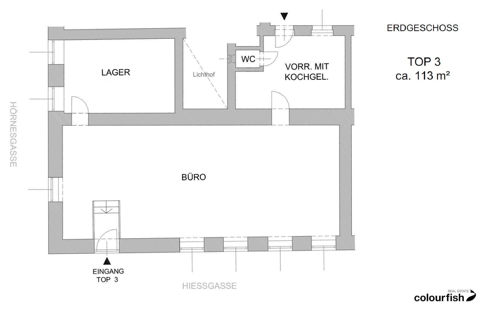 Grundriss des Erdgeschosses mit Büro, Lager, WC und Vorraum mit Kochgelegenheit, ca. 113 m² Nutzfläche.