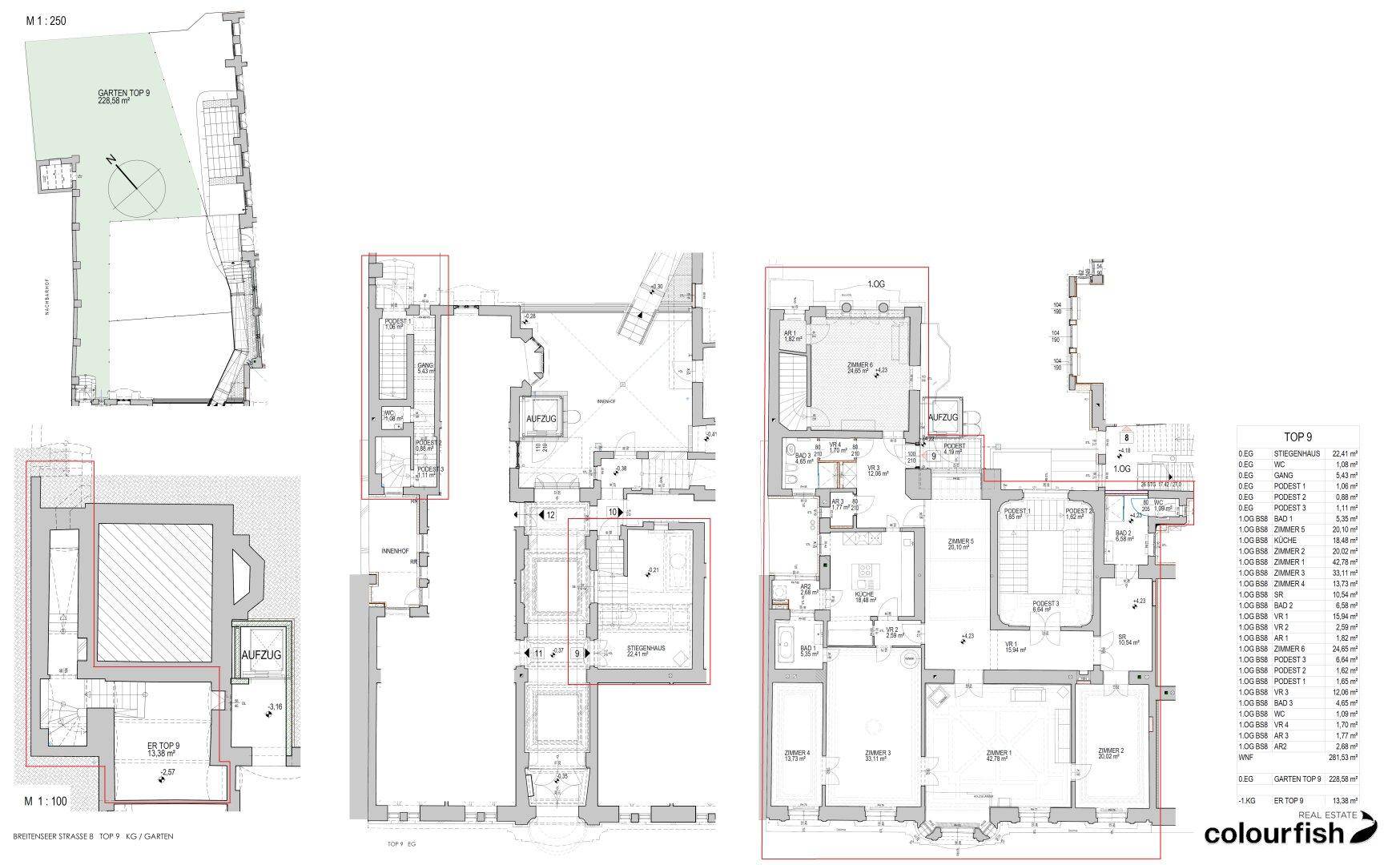 Mehrere Grundrisse und ein Lageplan, die verschiedene Ebenen und den Gartenbereich des Anwesens zeigen.