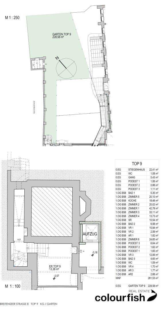 Übersichtsplan des Gartens und detaillierte Grundrisse mit Flächenangaben für die einzelnen Räume.