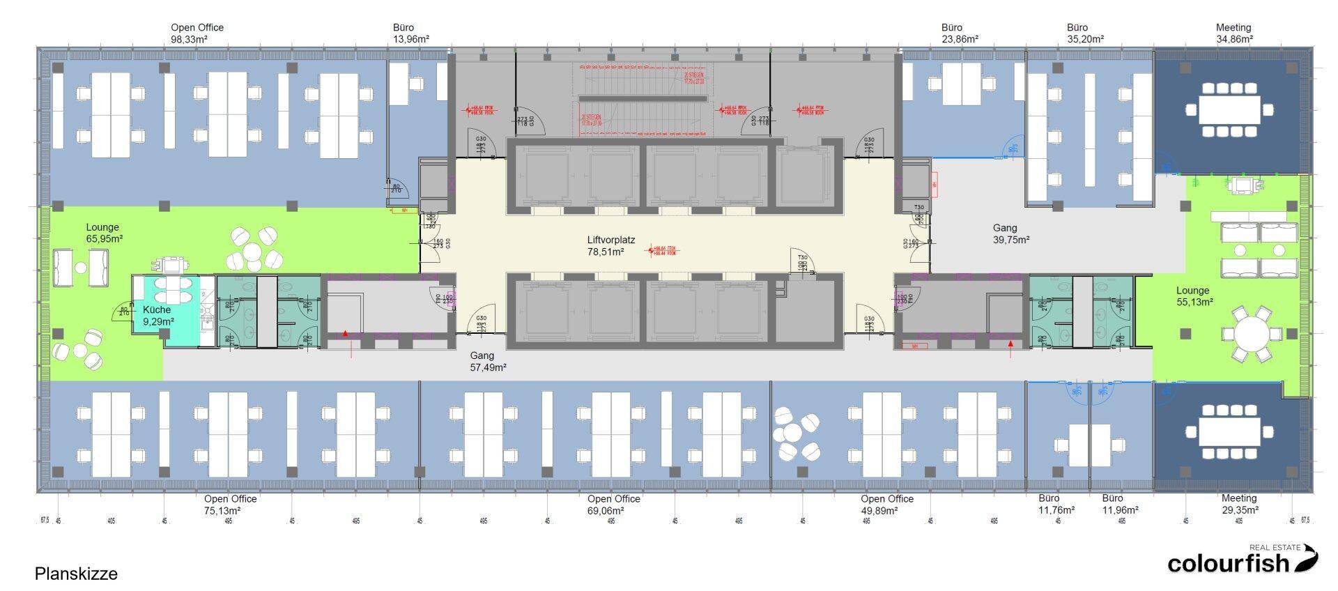 Detaillierter Grundriss einer Büroetage mit verschiedenen Arbeitsbereichen und Lounges.