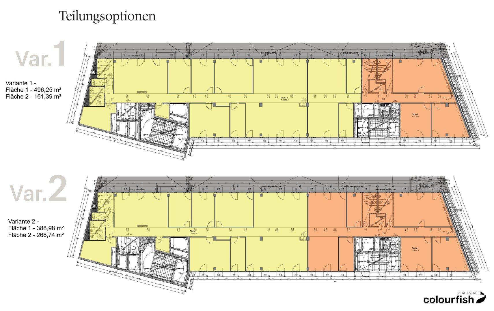 Grundriss zeigt zwei verschiedene Teilungsoptionen für die Büroflächen, farblich hervorgehoben für bessere Übersicht.