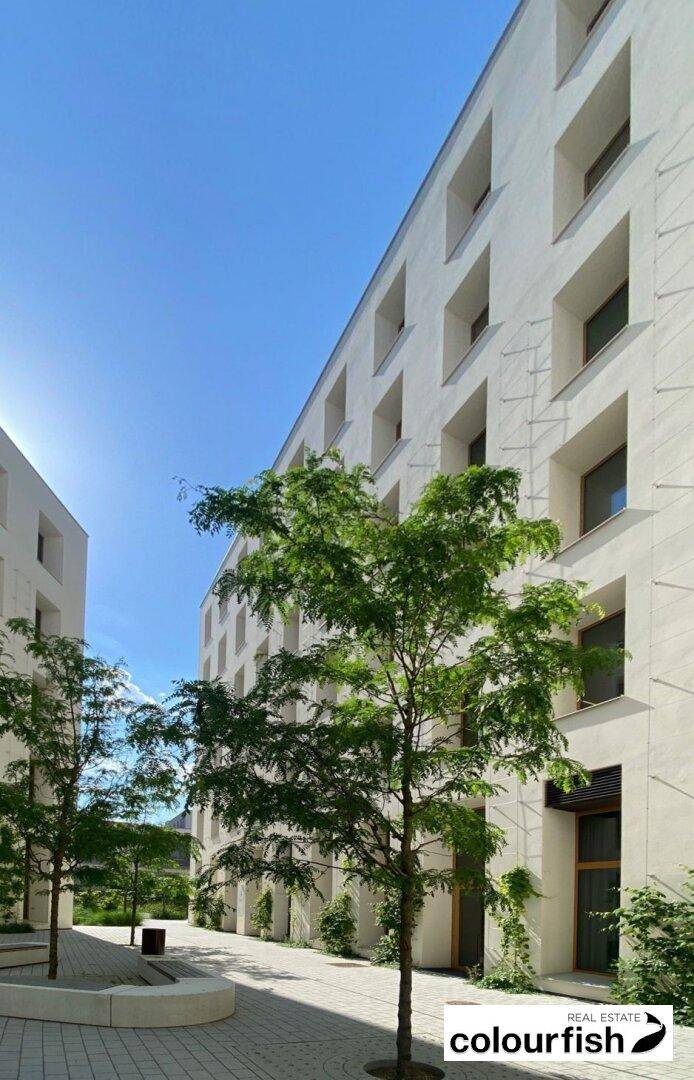 Moderne weiße Gebäudefassade mit hohen Fenstern und jungen Bäumen im Vordergrund unter blauem Himmel.
