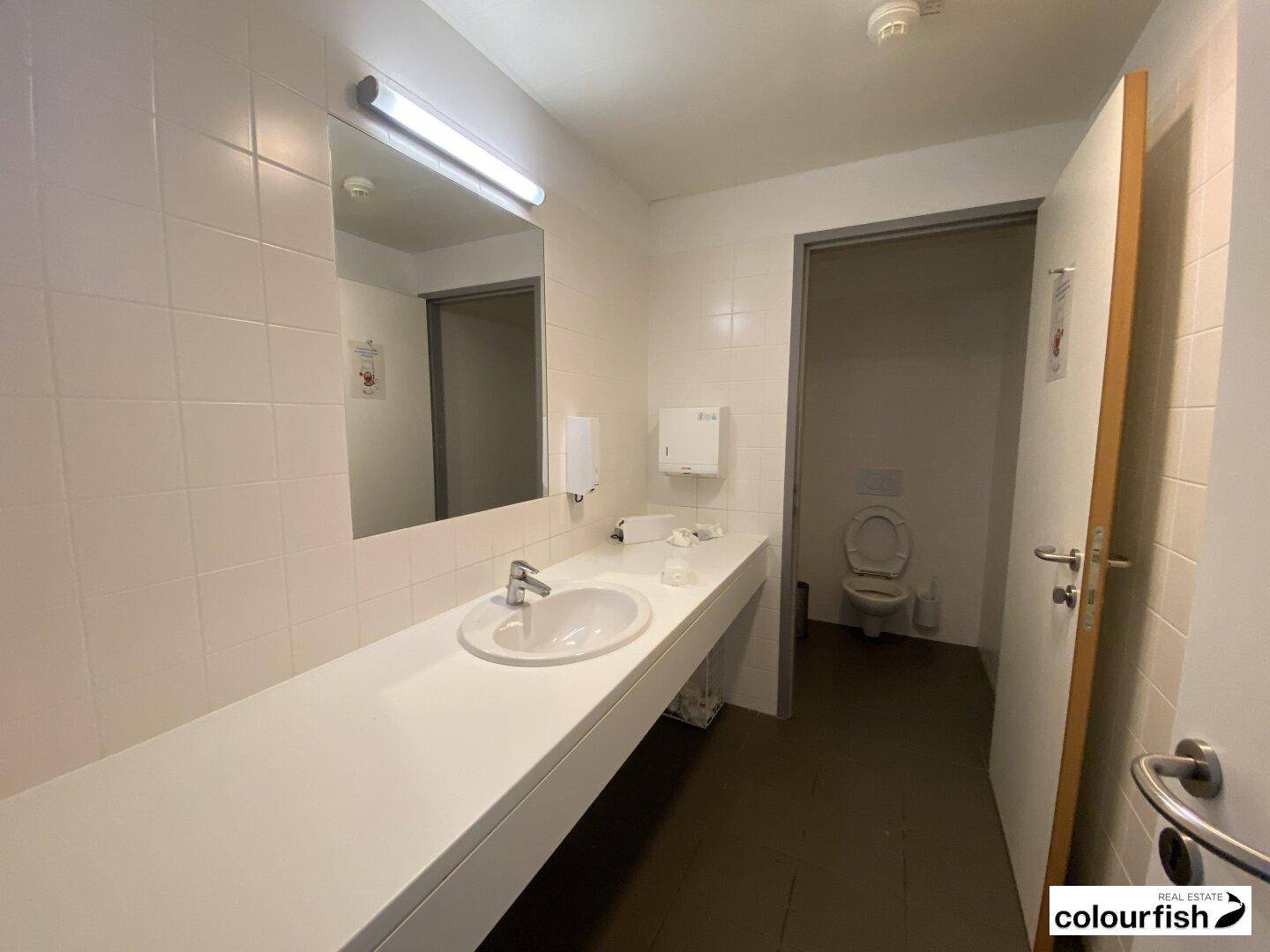 Sauberer Sanitärbereich mit Waschbecken, großem Spiegel und weißen Fliesen, gut beleuchtet.