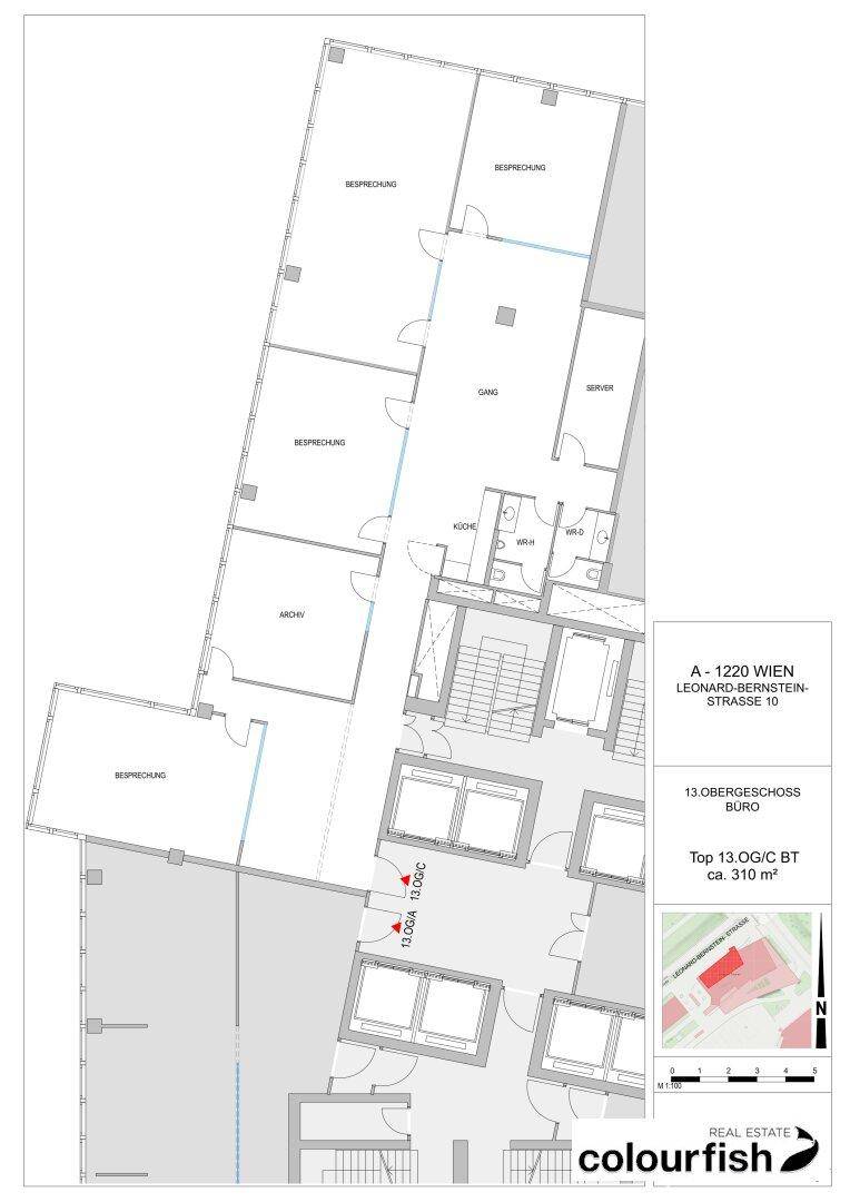 Grundriss des 13. Obergeschosses mit Büros, Besprechungsräumen, einer Küche und einer Loggia.