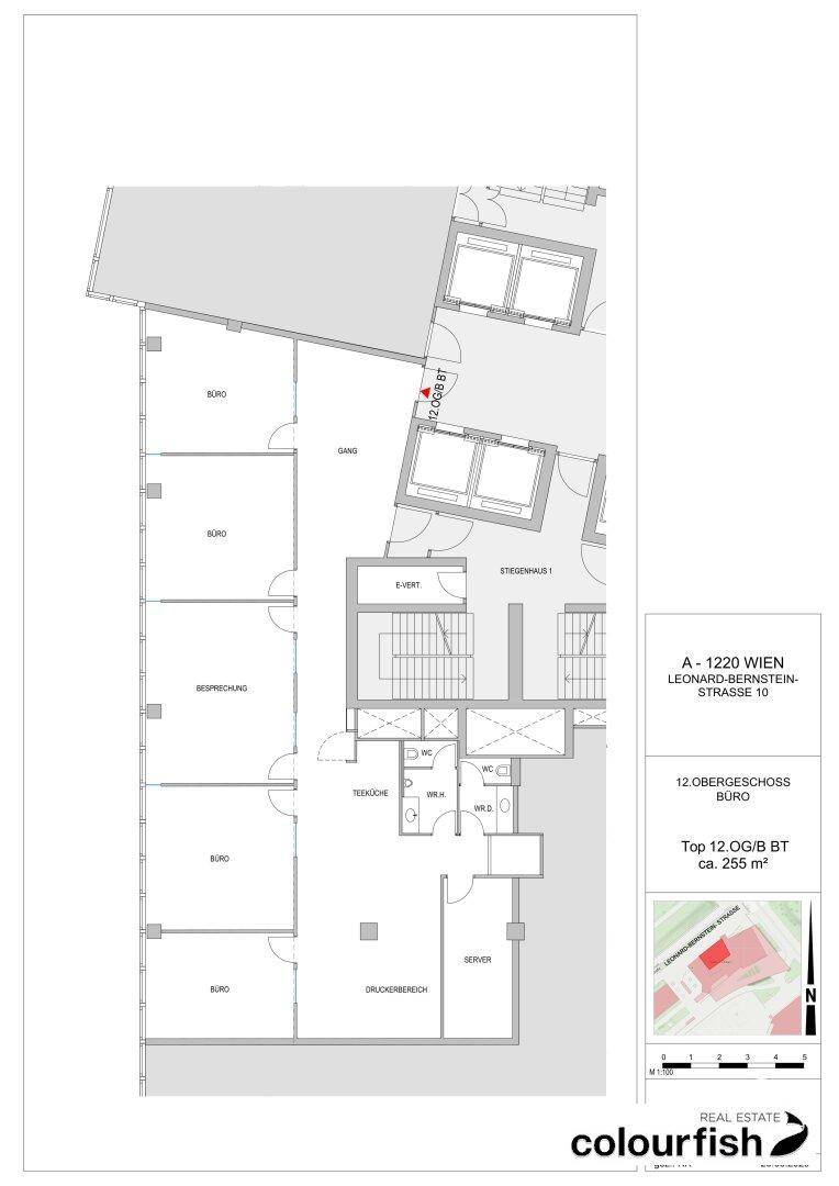 Grundriss des 12. Obergeschosses mit mehreren Büroräumen, Teeküche und Sanitäranlagen.