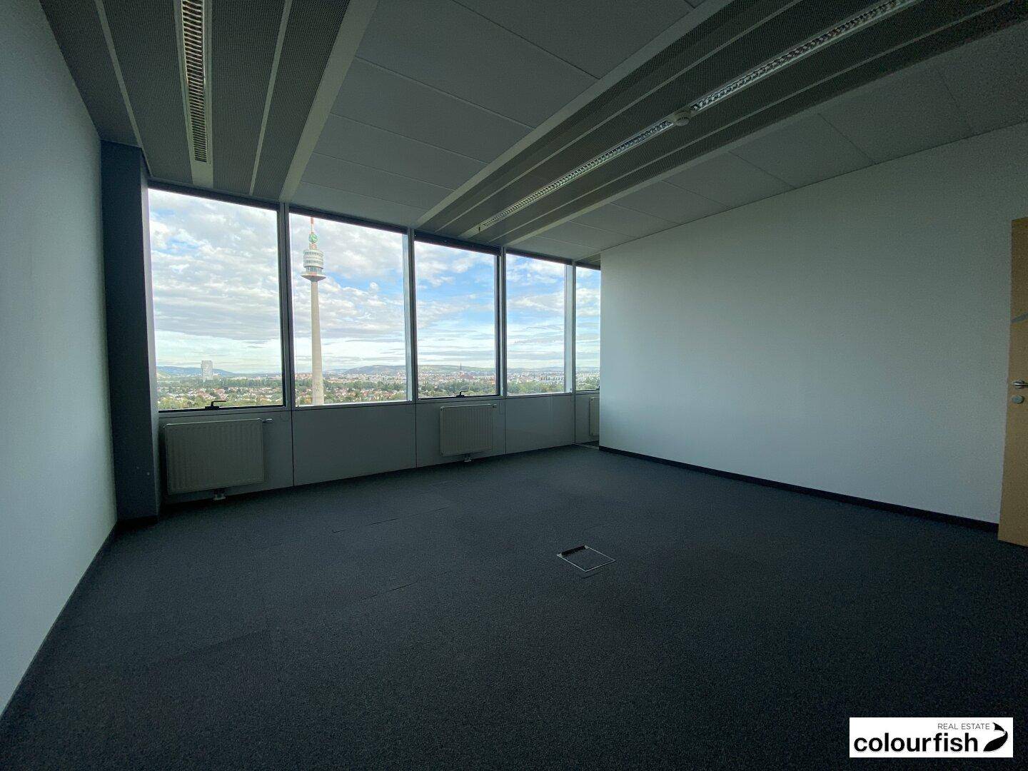 Leeres Büro mit Teppichboden und breiten Fenstern, die einen weiten Ausblick ermöglichen.