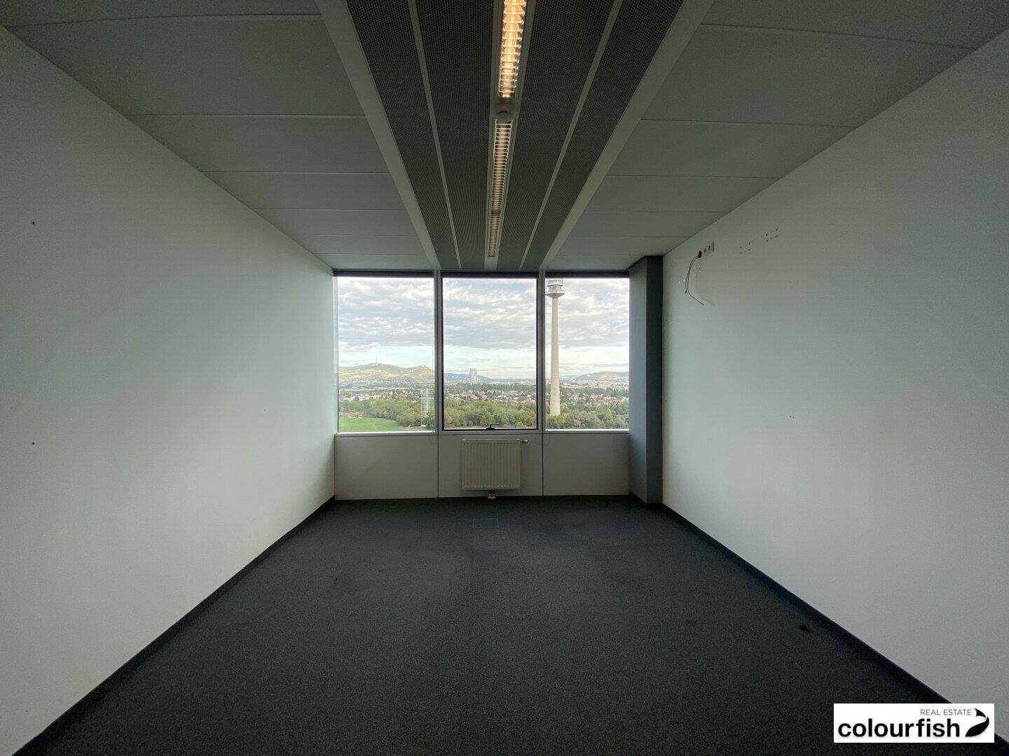 Leeres Büro mit Teppichboden und großen Fenstern, die einen weiten Blick über die Stadt bieten.