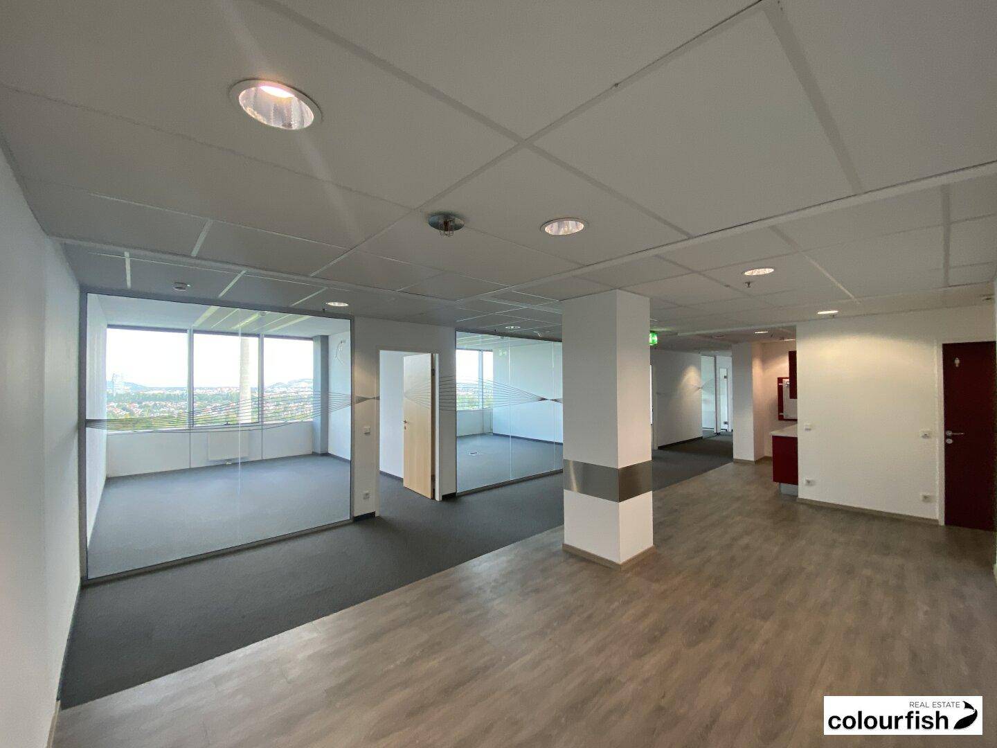 Offener Bürobereich mit Teppich- und Holzboden, Glaswänden und viel Tageslicht.