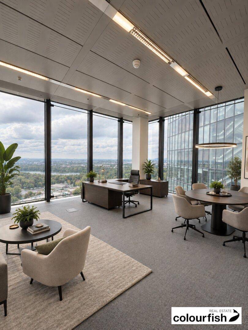 Elegantes Büro mit Besprechungsbereich und Lounge-Ecke, ausgestattet mit modernen Möbeln und Panoramablick.