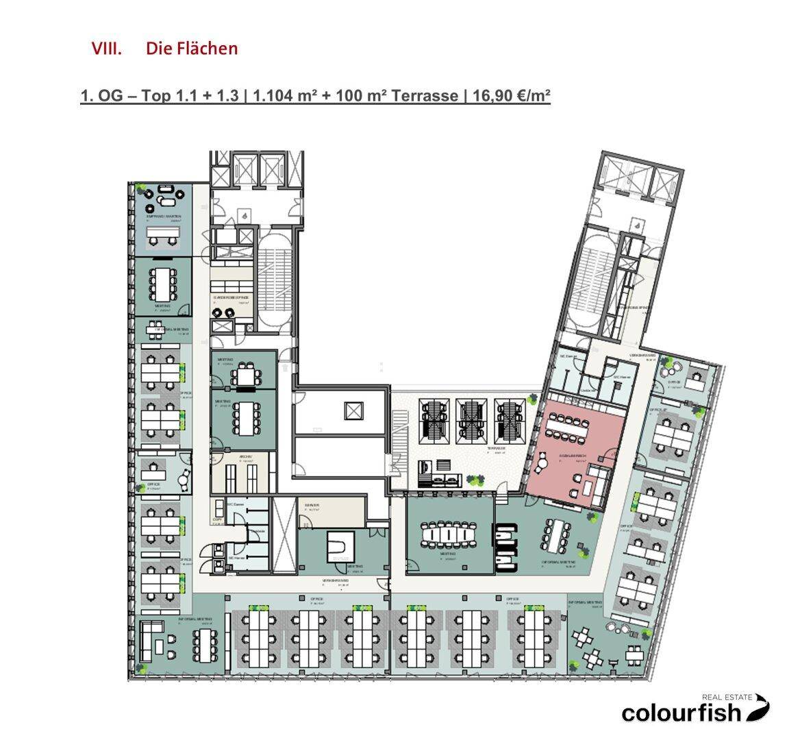Detaillierter Grundrissplan eines Bürogebäudes mit verschiedenen Arbeitsbereichen und einer Terrasse.