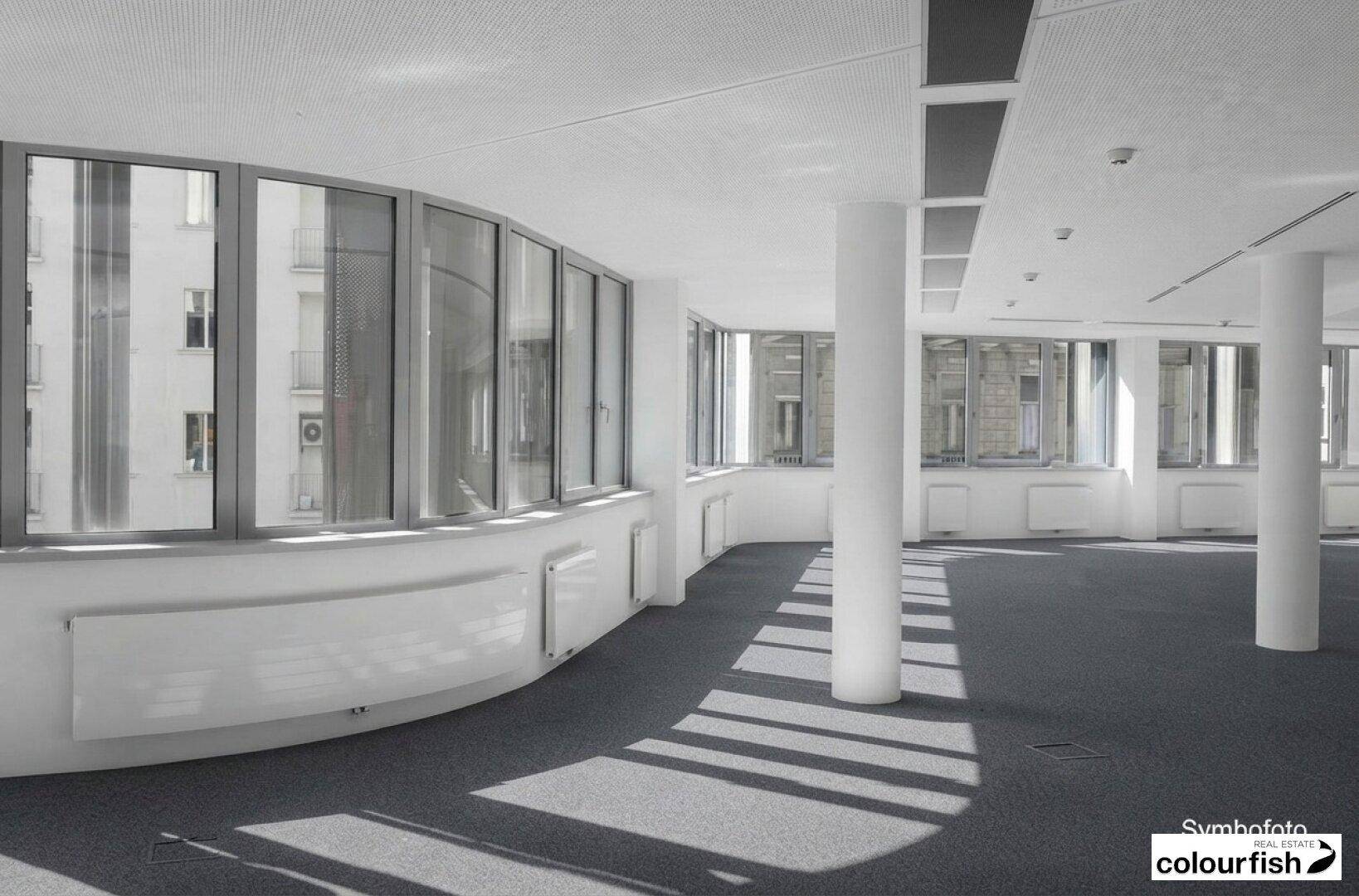 Geräumiges, leeres Büro mit vielen Fenstern, Säulen und grauem Teppichboden, ideal für flexible Gestaltung.