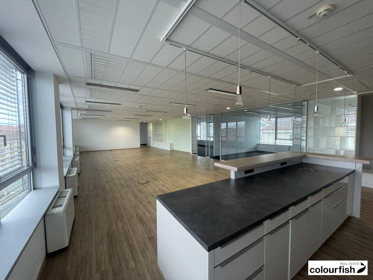 Offener Bürobereich mit Holzboden, integrierter Küchenzeile und großen Fenstern mit Stadtblick.