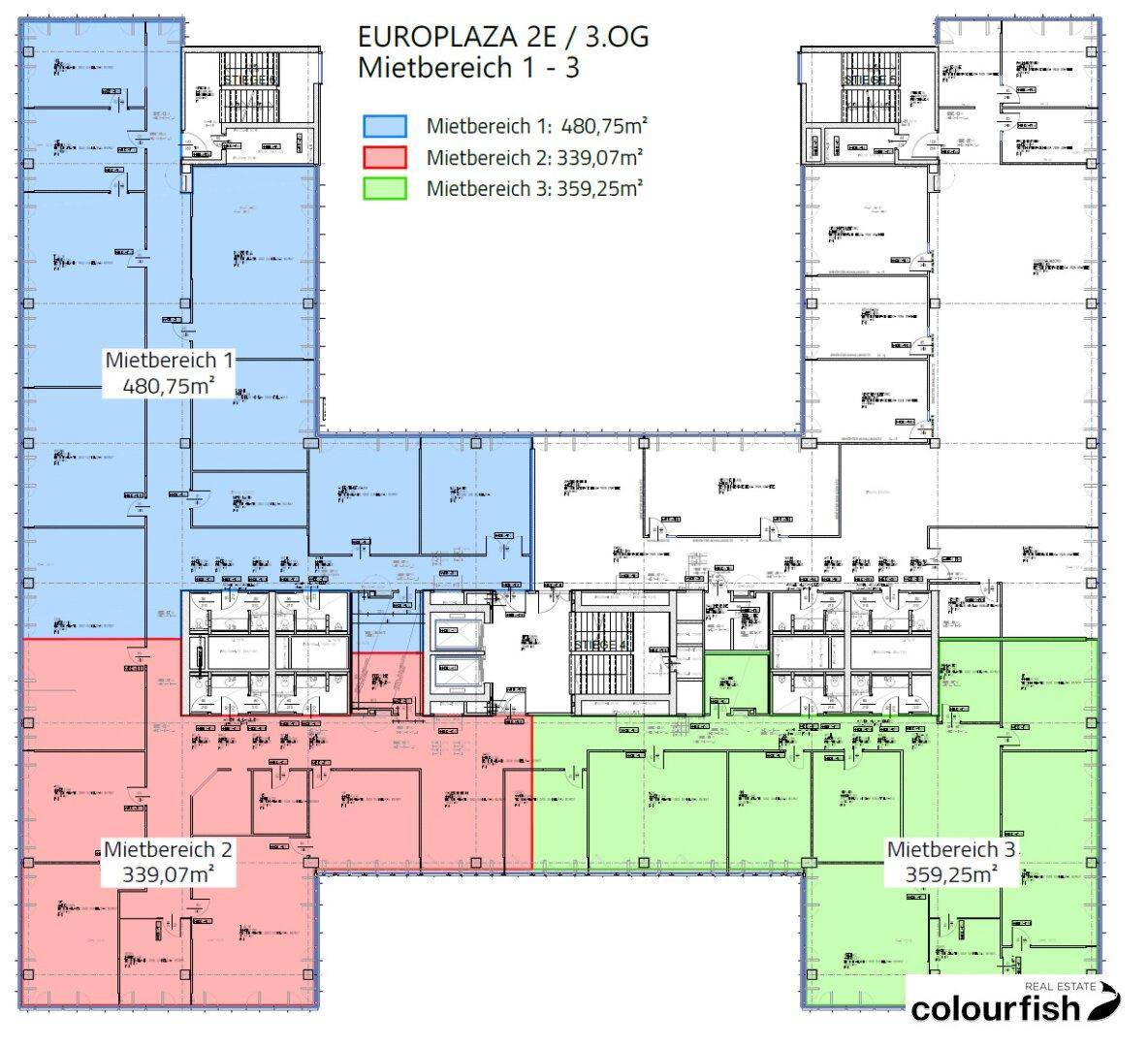 Grundriss des 3. Obergeschosses mit drei farblich markierten Mietbereichen und Gesamtflächenangaben.