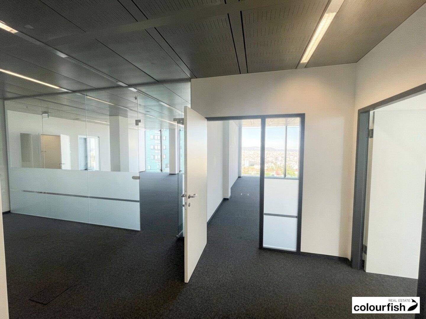 Moderner Bürobereich mit Glaswänden und Türen, der flexible Raumaufteilung und helle Arbeitsplätze bietet.