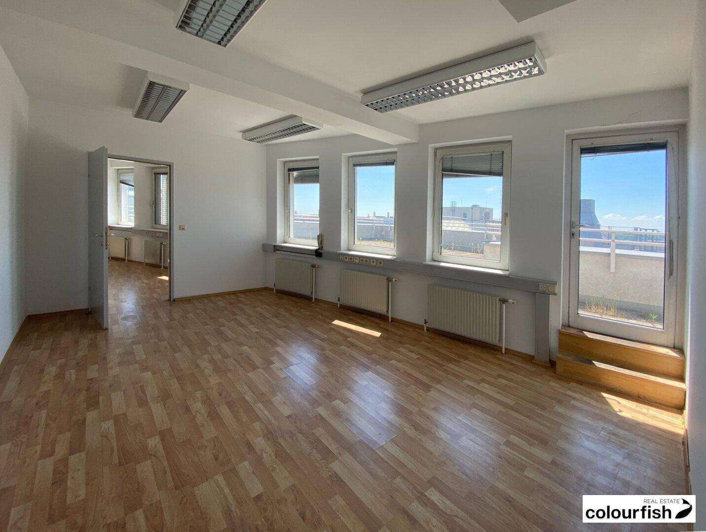Geräumiger Büroraum mit mehreren Fenstern und direktem Zugang zur Dachterrasse, gut beleuchtet.