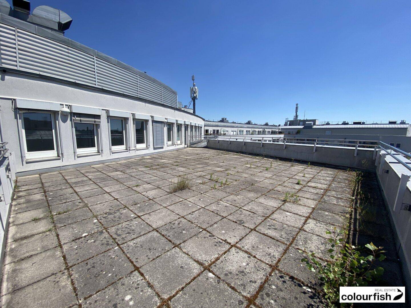 Ausgedehnte Dachterrasse mit Betonplatten und Blick auf die umliegenden Gebäude und Antennen.