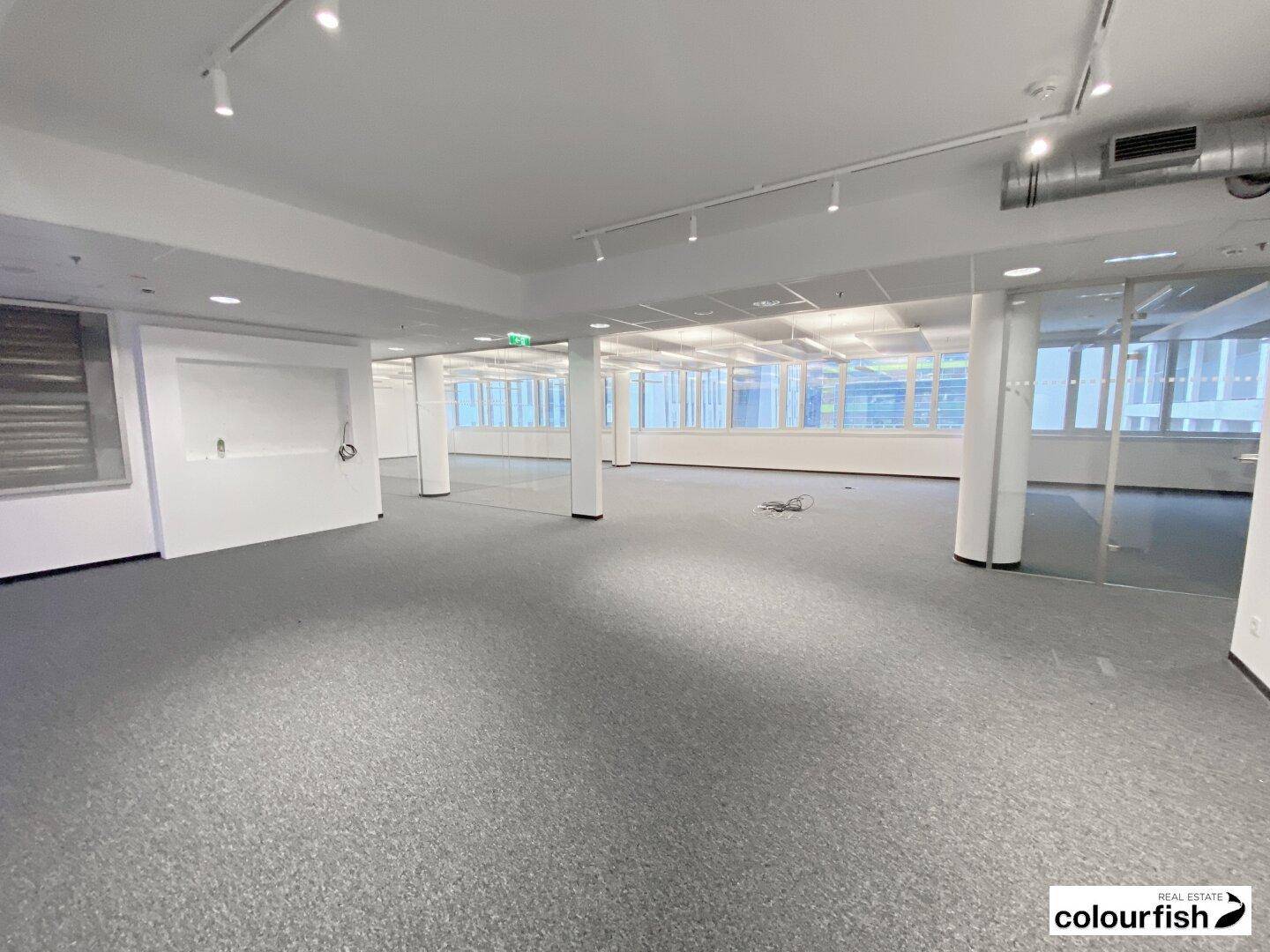 Weitläufiges Büro mit Säulen, Teppichboden und Blick auf die umliegenden Gebäude.