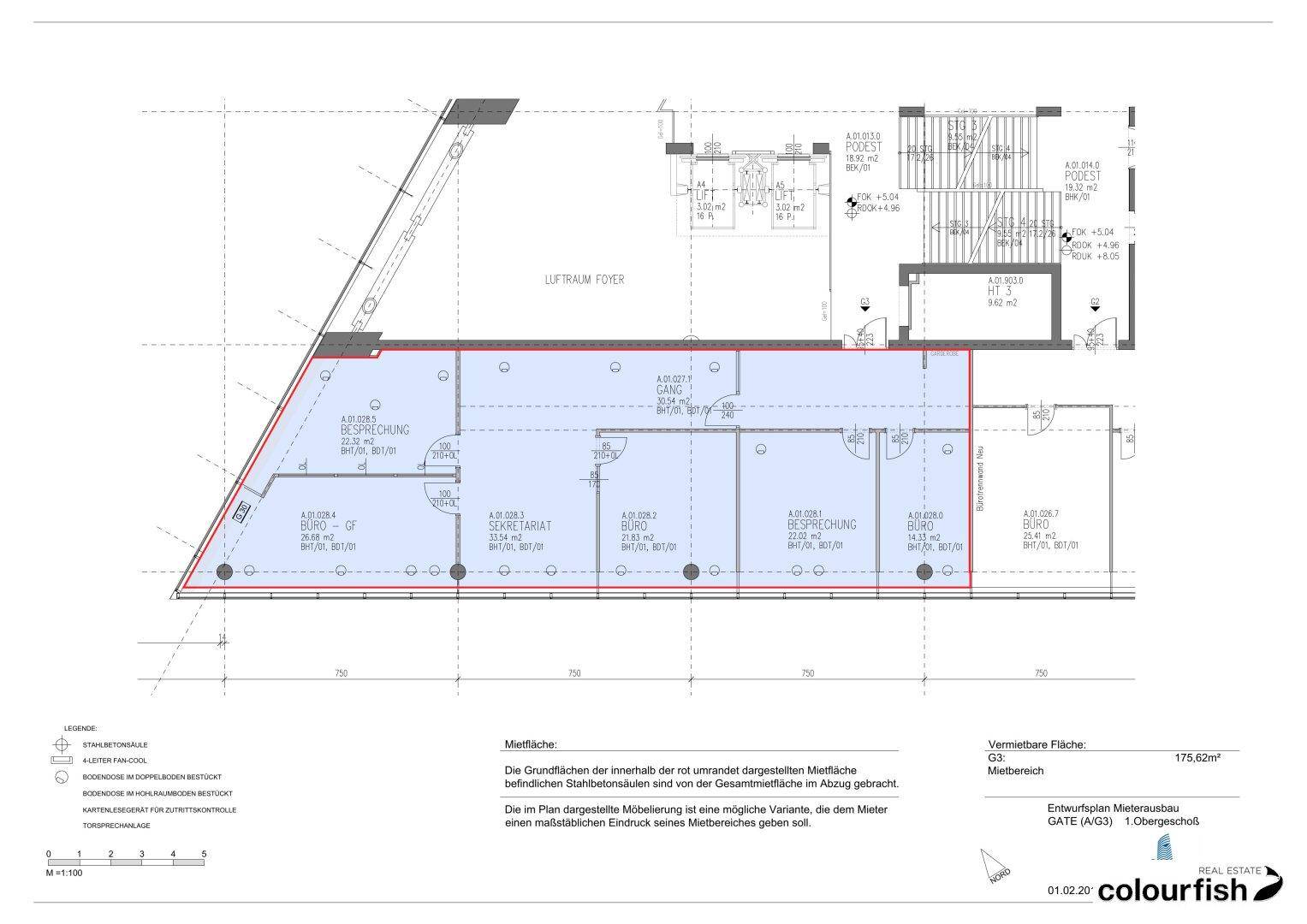 Grundriss eines Bürogeschosses mit mehreren Räumen und einer Gesamtfläche von 175,62 m².