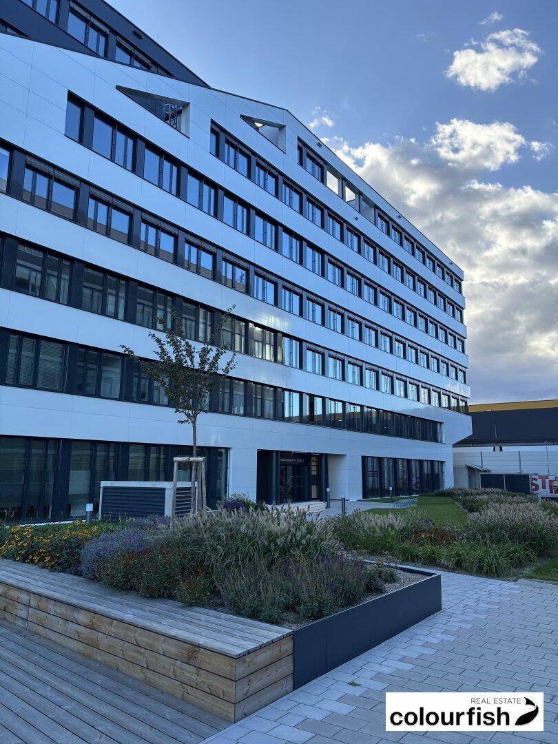 Ansicht eines modernen Bürokomplexes mit weißer Fassade, großen Fenstern und einer ansprechenden Außenanlage.