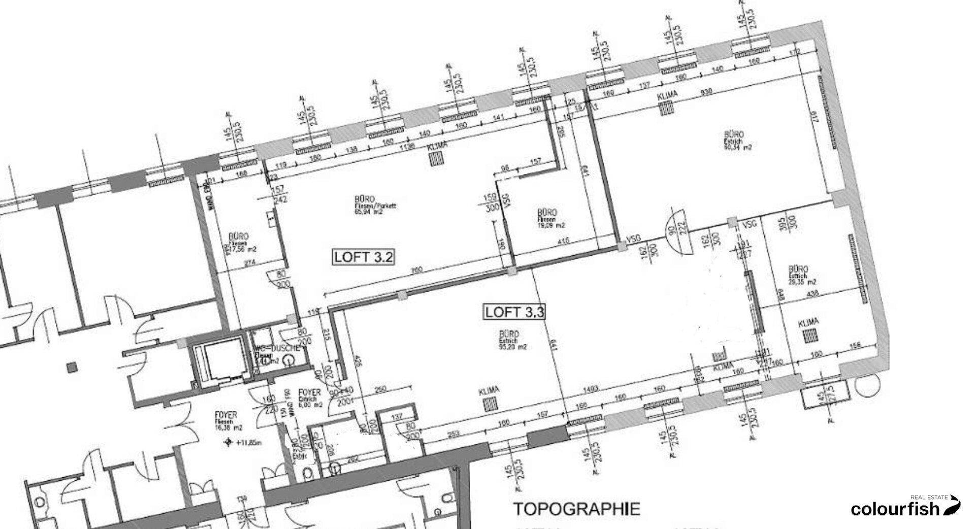 Detaillierter Grundriss für Loft-Einheiten mit Raumaufteilung und Maßen.