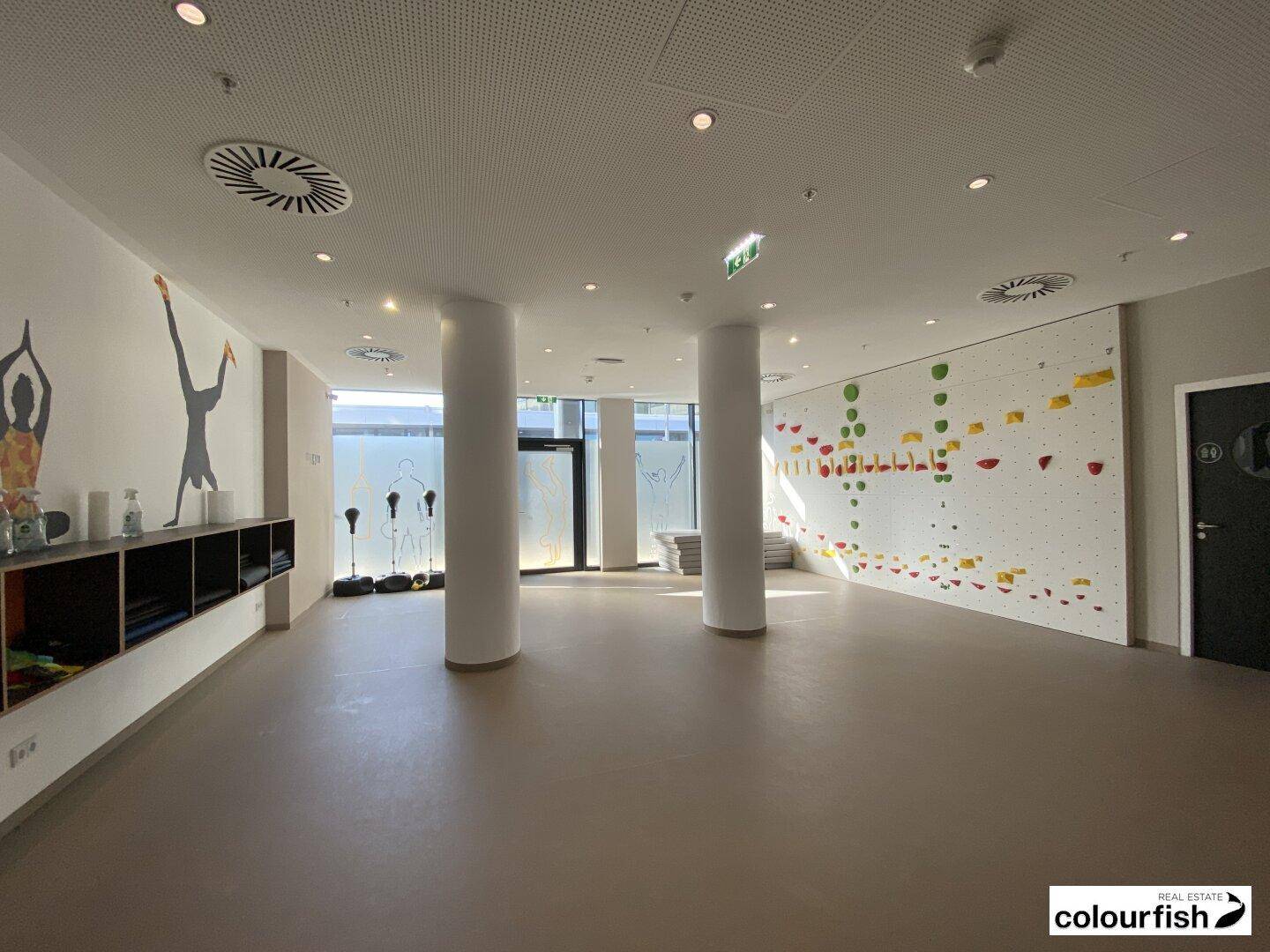 Geräumiger Fitnessraum mit Kletterwand, hohen Säulen und hellem Boden, ideal für Sport und Bewegung.