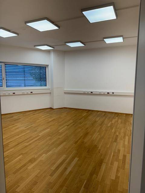 Heller Büroraum mit Holzparkettboden, großen Fenstern und modernen Deckenleuchten.