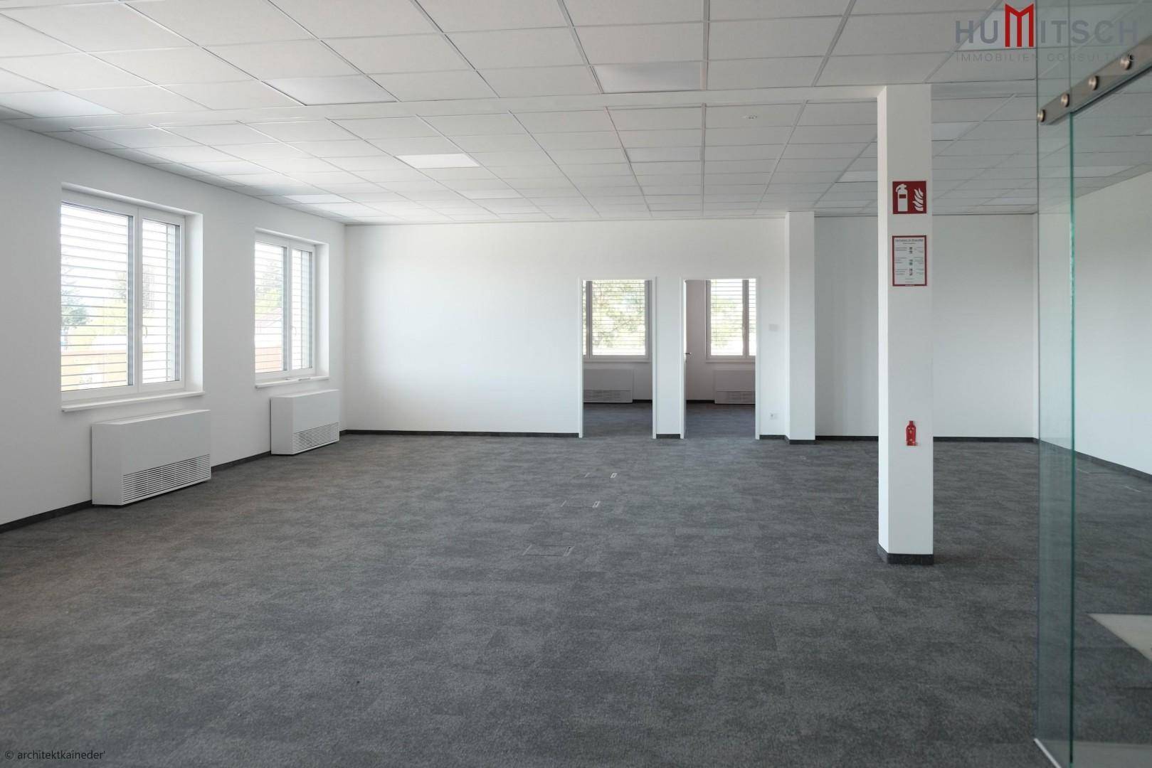 Geräumiger, heller Büroraum mit Teppichboden, großen Fenstern und moderner Glaswand.