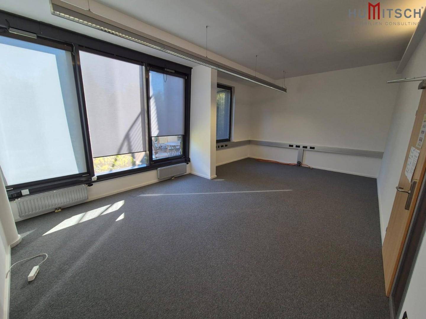 Geräumiges Büro mit Teppichboden, großen Fenstern und viel Tageslicht.