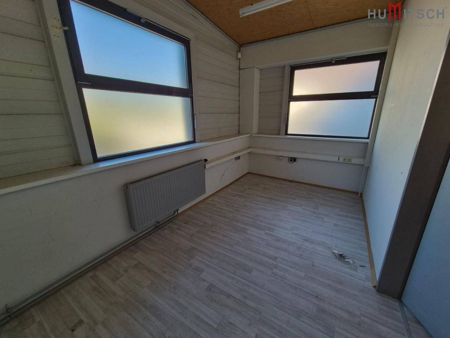 Helles Büro mit Holzdeckenverkleidung, Laminatboden und großen Fenstern.