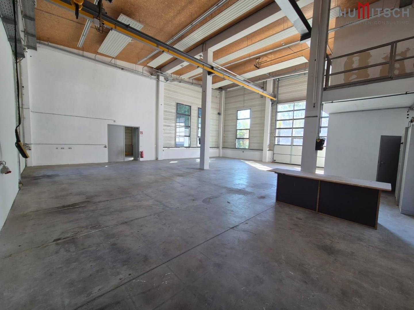 Große Lagerhalle mit hohen Decken, Betonboden und Rolltoren mit Fenstern.