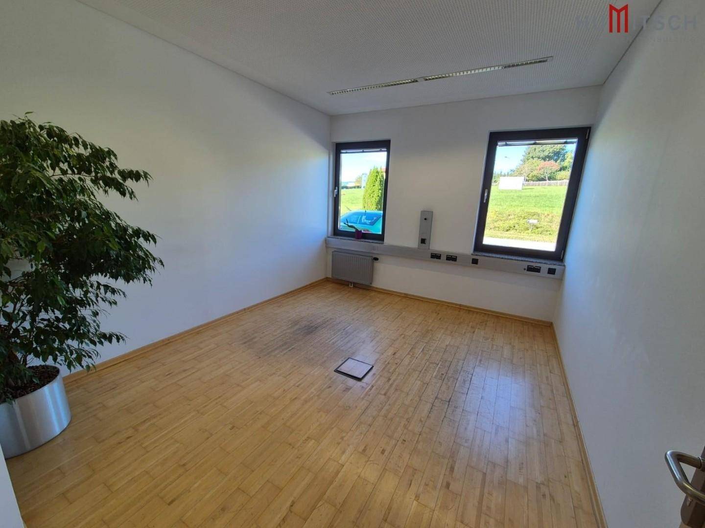 Heller Büroraum mit Holzparkett, weißen Wänden und Fenstern mit Blick ins Grüne.