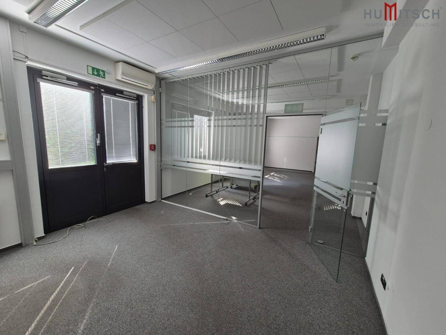 Büroraum mit grauem Teppichboden, Glaswänden und Fenstern mit Jalousien.