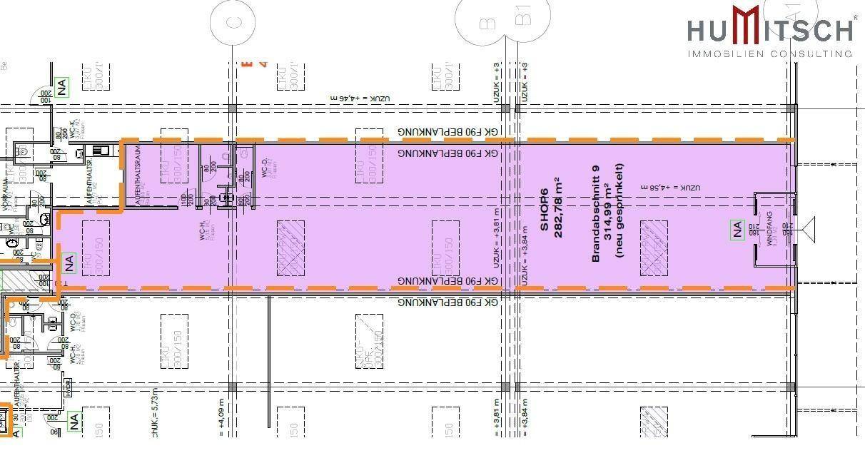Detaillierter Grundrissplan des Gewerbeobjekts mit eingezeichneten Flächen und Abmessungen.